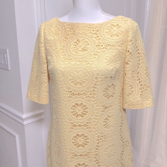 Adrianna Papell Womens Yellow Lace Shift Dress Elbow Sleeve Size 8 Spring Mod - Picture 3 of 11
